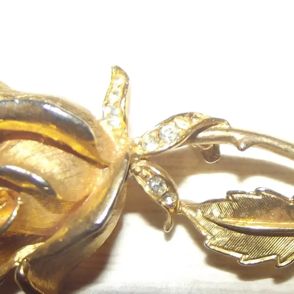 Brooch Gold 3D Rose Stem Realistic Crystals‎ Broche Pin for Jacket coat Vintage